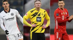 Andre Silva of Eintracht Frankfurt (left), Erling Haaland of Dortmund (center), and Robert Lewandowski of Bayern (right).
