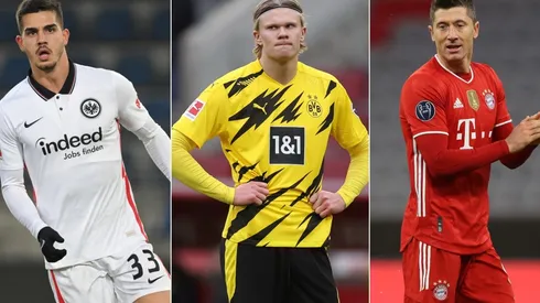 Andre Silva of Eintracht Frankfurt (left), Erling Haaland of Dortmund (center), and Robert Lewandowski of Bayern (right).