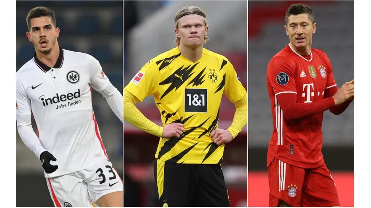 Andre Silva of Eintracht Frankfurt (left), Erling Haaland of Dortmund (center), and Robert Lewandowski of Bayern (right).