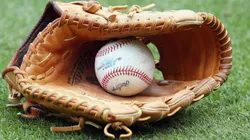 A general view of a MLB ball and glove taken before the game.