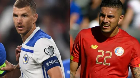 Edin Dzeko (left) of Bosnia and Ronald Matarrita (right) of Costa Rica.