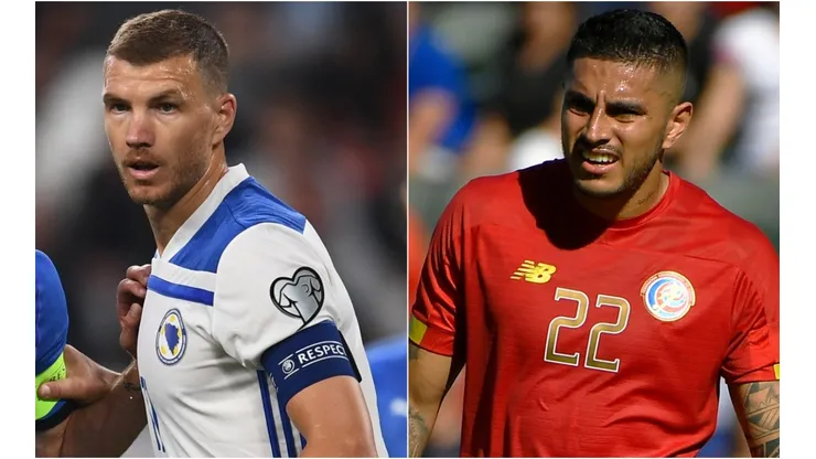 Edin Dzeko (left) of Bosnia and Ronald Matarrita (right) of Costa Rica.