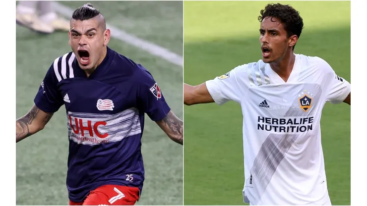 Gustavo Bou (left) of New England Revolution and Ethan Zubak (right) of Los Angeles Galaxy.