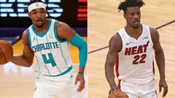 Devonte' Graham (left) of the Charlotte Hornets and Jimmy Butler (right) of the Miami Heat.