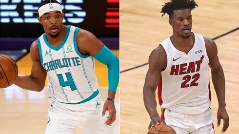 Devonte' Graham (left) of the Charlotte Hornets and Jimmy Butler (right) of the Miami Heat.