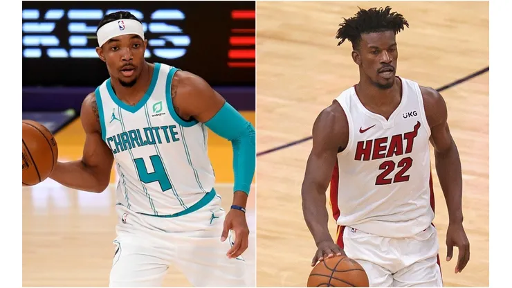 Devonte' Graham (left) of the Charlotte Hornets and Jimmy Butler (right) of the Miami Heat.