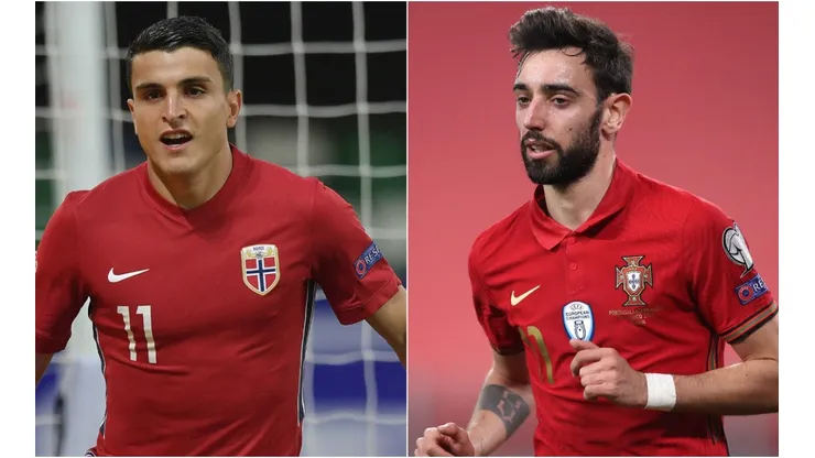 Mohamed Elyounoussi of Norway (left) and Bruno Fernandes of Portugal (right).