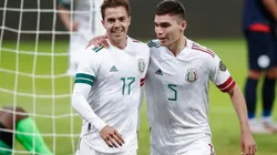 Sebastián Córdova of México (left) celebrates with his teammate after scoring against Dominican Republic in a match for the Concacaf Men's Olympic Qualifying Championship 2021 (Getty).