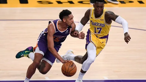 Cameron Payne (left) of the Phoenix Suns dribbles as he is chased by Dennis Schroder (right) of the Los Angeles Lakers