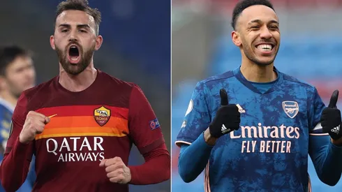 Borja Mayoral of Roma (left) and Pierre-Emerick Aubameyang of Arsenal (right).