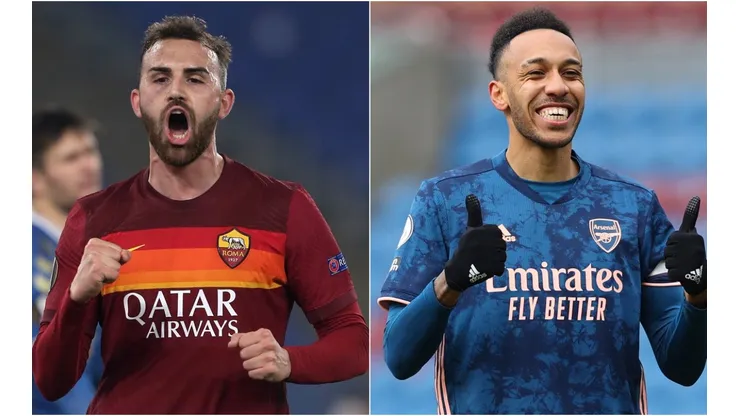 Borja Mayoral of Roma (left) and Pierre-Emerick Aubameyang of Arsenal (right).