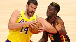 Marc Gasol (left) of the Los Angeles Lakers drives against Clint Capela (right) of the Atlanta Hawks. (Getty)
