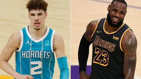 LaMelo Ball (left) of the Charlotte Hornets and LeBron James (right) of the Los Angeles Lakers. (Getty)