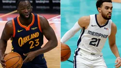 Draymond Green (left) of the Golden State Warriors and Tyus Jones (right) of the Memphis Grizzlies. (Getty)