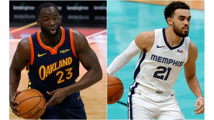 Draymond Green (left) of the Golden State Warriors and Tyus Jones (right) of the Memphis Grizzlies. (Getty)