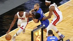 Jimmy Butler (left) of the Miami Heat is seen during an NBA game between the Miami Heat and Orlando Magic. (Getty)