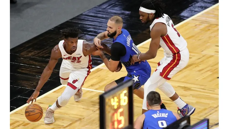 Jimmy Butler (left) of the Miami Heat is seen during an NBA game between the Miami Heat and Orlando Magic. (Getty)