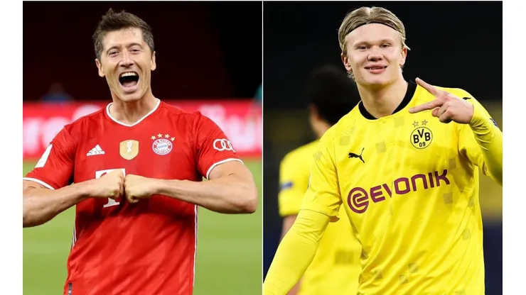 Robert Lewandowski of Bayern (left) and Erling Haaland of Borussia Dortmund (right). (Getty)