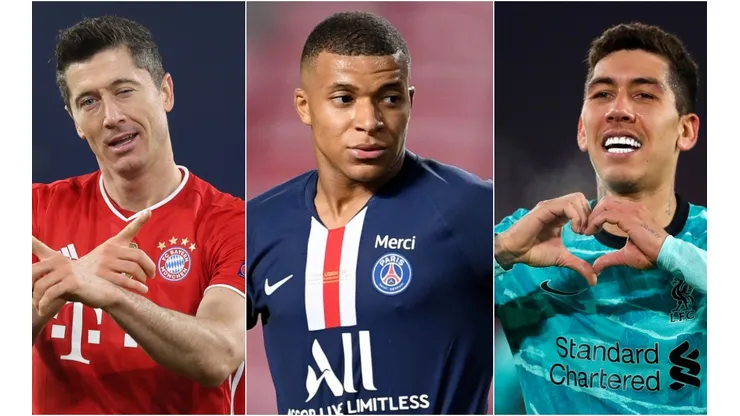 Robert Lewandowski of Bayern (left), Kylian Mbappe of Paris Saint-Germain (centre), Roberto Firmino of Liverpool (right). (Getty)