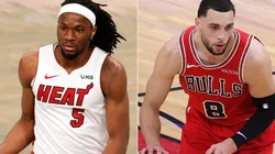 Precious Achiuwa (left) of the Miami Heat and Zach LaVine (right) of the Chicago Bulls. (Getty)