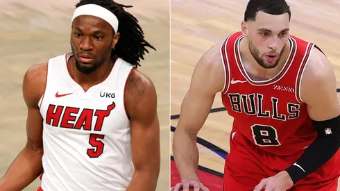 Precious Achiuwa (left) of the Miami Heat and Zach LaVine (right) of the Chicago Bulls. (Getty)
