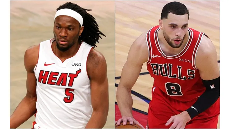 Precious Achiuwa (left) of the Miami Heat and Zach LaVine (right) of the Chicago Bulls. (Getty)