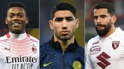Rafael Leao of Milan (left), Achraf Hakimi of Inter (centre), and Tomas Rincon of Torino (right). (Getty)