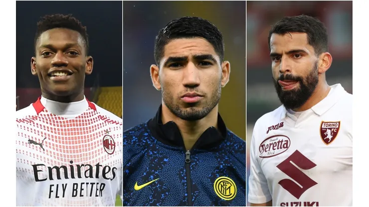 Rafael Leao of Milan (left), Achraf Hakimi of Inter (centre), and Tomas Rincon of Torino (right). (Getty)