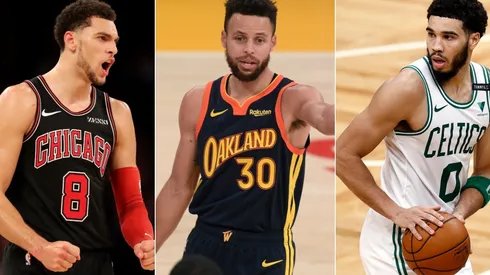 Zach LaVine (left) of the Chicago Bulls, Stephen Curry (centre) of the Golden State Warriors, and Jayson Tatum (right) of the Boston Celtics. (Getty)