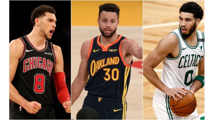 Zach LaVine (left) of the Chicago Bulls, Stephen Curry (centre) of the Golden State Warriors, and Jayson Tatum (right) of the Boston Celtics. (Getty)
