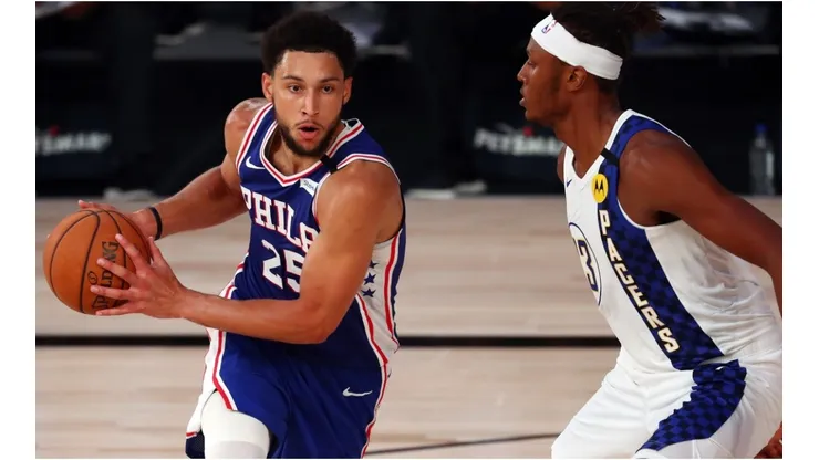Myles Turner guarding Ben Simmons. (Getty)