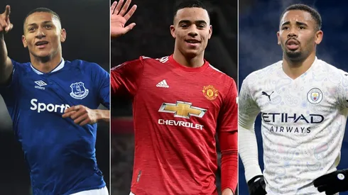 Richarlison of Everton (left), Mason Greenwood of Manchester United (centre), and Gabriel Jesus of Manchester City (right). (Getty)