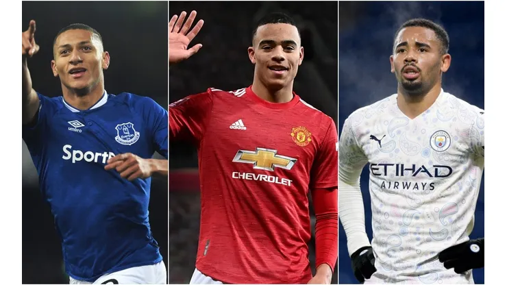 Richarlison of Everton (left), Mason Greenwood of Manchester United (centre), and Gabriel Jesus of Manchester City (right). (Getty)