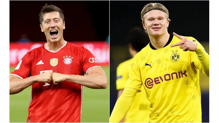 Robert Lewandowski of Bayern (left) and Erling Haaland of Borussia Dortmund (right). (Getty)