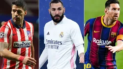 Luis Suarez of Atletico Madrid (left), Karim Benzema of Real Madrid (centre), and Lionel Messi of Barcelona. (Getty)