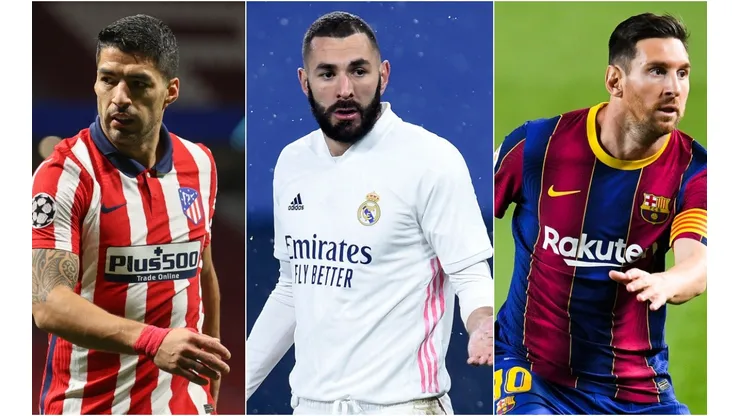 Luis Suarez of Atletico Madrid (left), Karim Benzema of Real Madrid (centre), and Lionel Messi of Barcelona. (Getty)