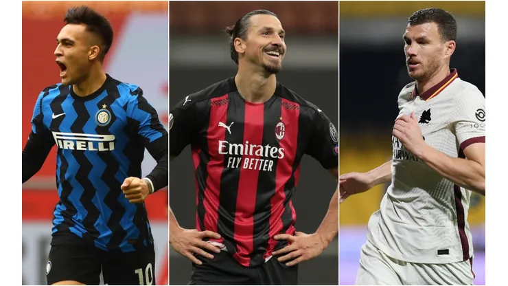 Lautaro Martinez of Inter (left), Zlatan Ibrahimovic of Milan (centre), and Edin Dzeko of Roma (right). (Getty)