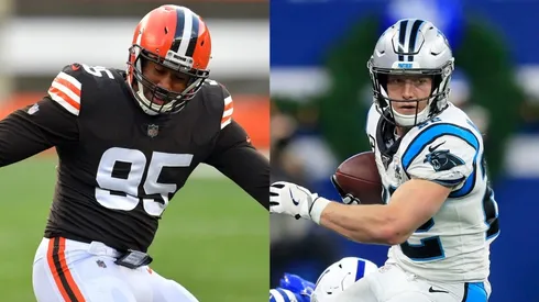 Myles Garrett (left) & Christian McCaffrey. (Getty)