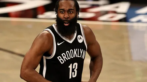 James Harden of the Brooklyn Nets celebrates points against the Miami Heat. (Getty)