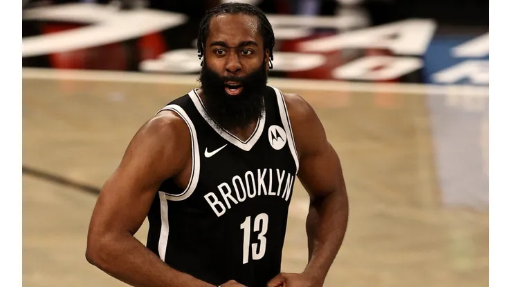 James Harden of the Brooklyn Nets celebrates points against the Miami Heat. (Getty)