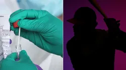 A Health Care Worker seals a coronavirus swab (left) and Bruce Maxwell of the Oakland Athletics (right). (Getty)