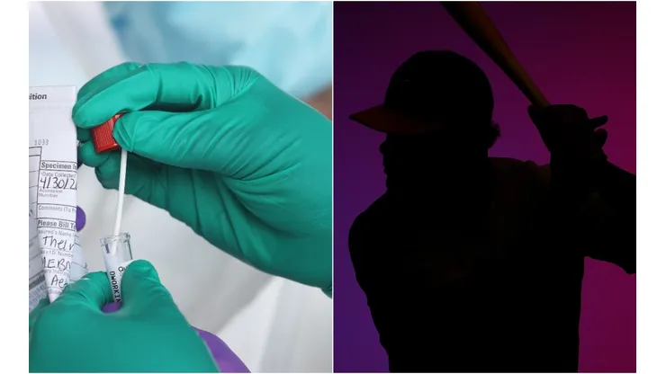 A Health Care Worker seals a coronavirus swab (left) and Bruce Maxwell of the Oakland Athletics (right). (Getty)