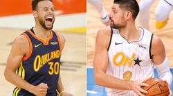 Stephen Curry (left) & Nikola Vucevic. (Getty)