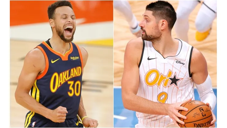 Stephen Curry (left) & Nikola Vucevic. (Getty)