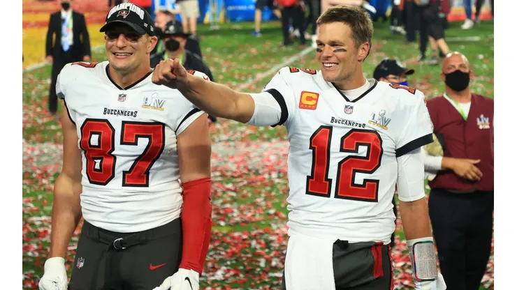 Rob Gronkowski and Tom Brady after winning Super Bowl LV. (Getty)