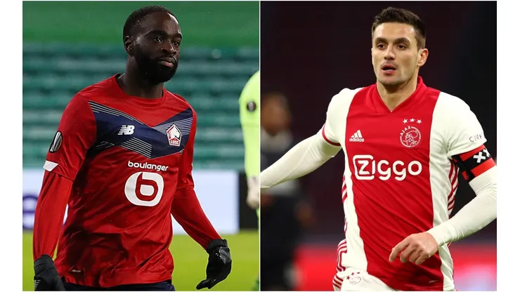 Jonathan Ikone of Lille (left) and Dusan Tadic of Ajax (right). (Getty)