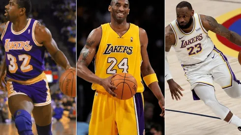 Magic Johnson (left), Kobe Bryant (center) & LeBron James. (Getty)
