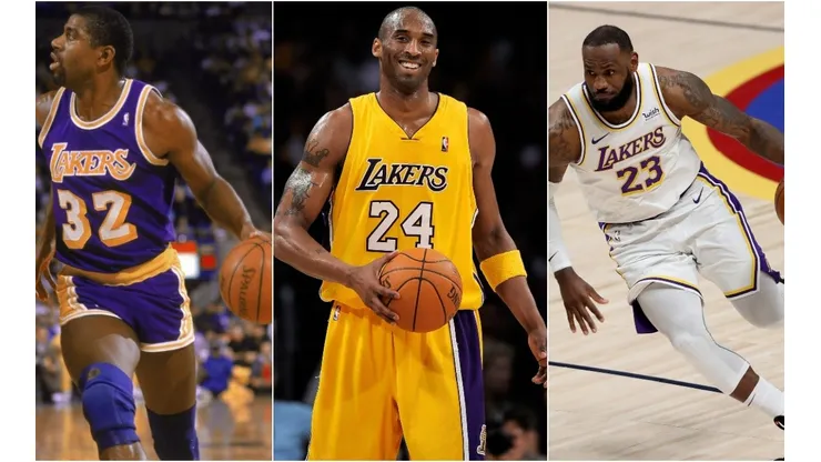 Magic Johnson (left), Kobe Bryant (center) & LeBron James. (Getty)
