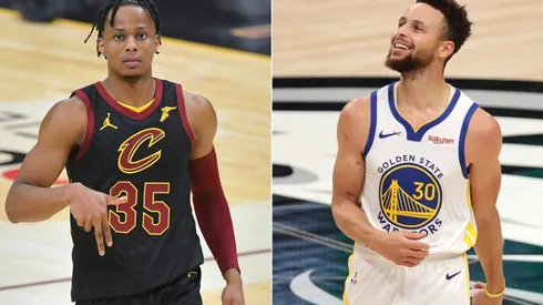 Isaac Okoro (left) of the Cleveland Cavaliers and Stephen Curry (right) of the Golden State Warriors. (Getty)