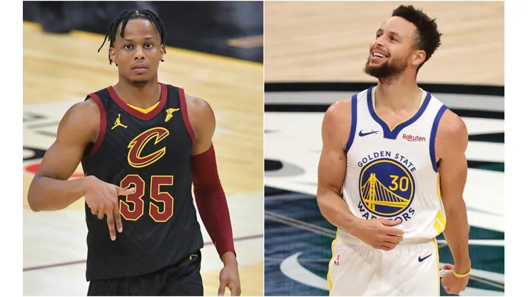 Isaac Okoro (left) of the Cleveland Cavaliers and Stephen Curry (right) of the Golden State Warriors. (Getty)